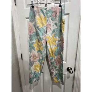 Vintage 80s Floral Rayon Pants Pastel Tropical High Waist USA Boho